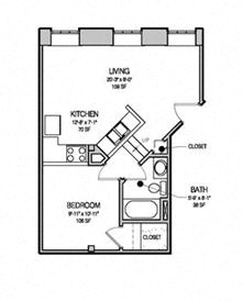 Floor plan for 1 bed, 1 bath, 441 sqft